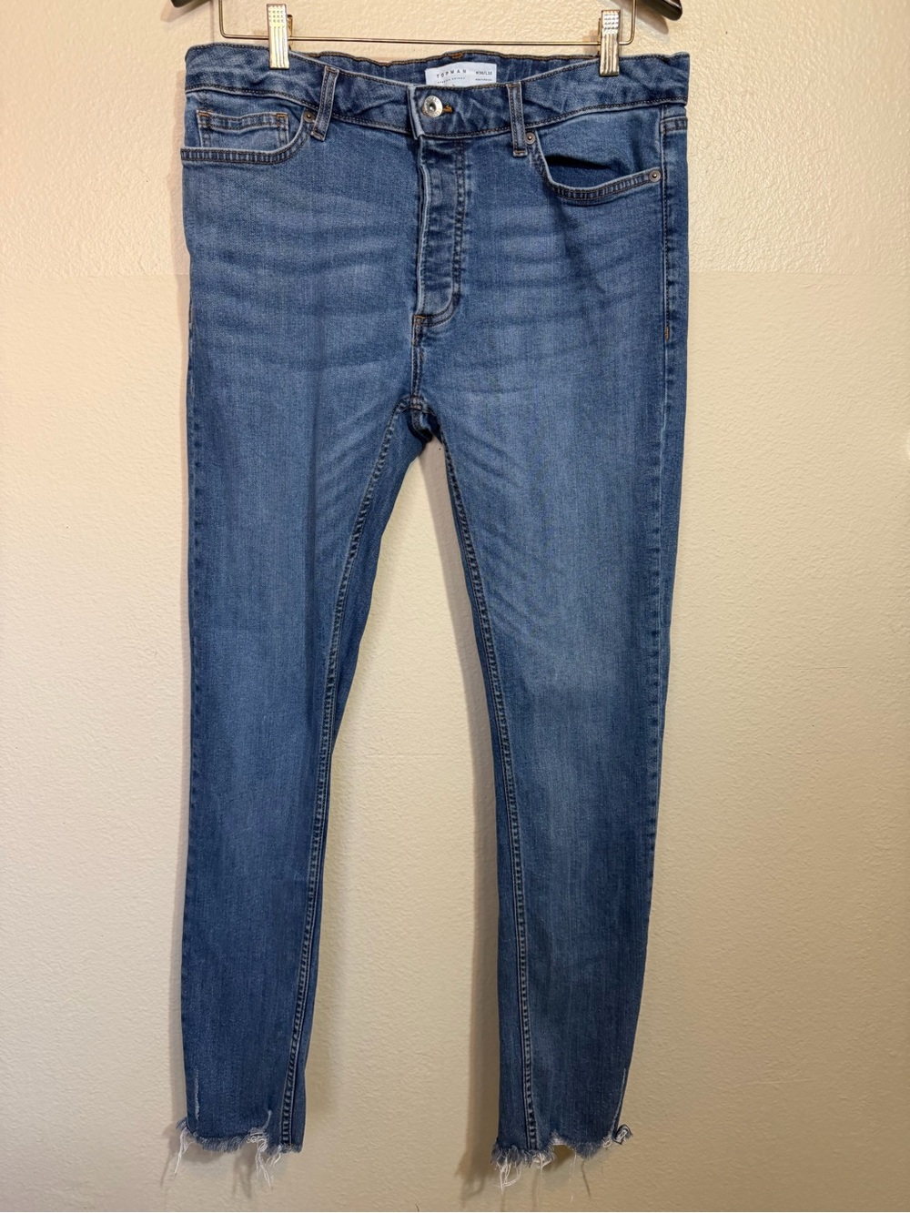 Topman Men's Stretch Skinny Jeans Medium Blue Wash Raw Hem Size 36x32